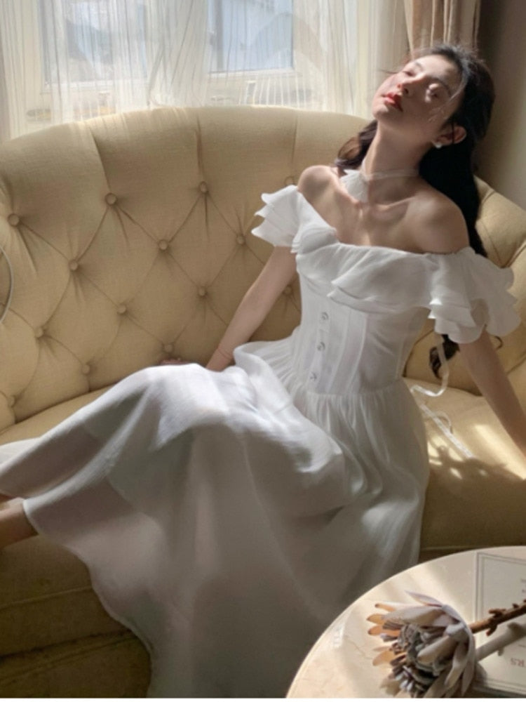 Lizakosht White Sweet Fairy Dress Women Summer Slash Neck Ruffles Patchwork High Waist Midi Dresses Ladies Elegant Evening Party Vestidos