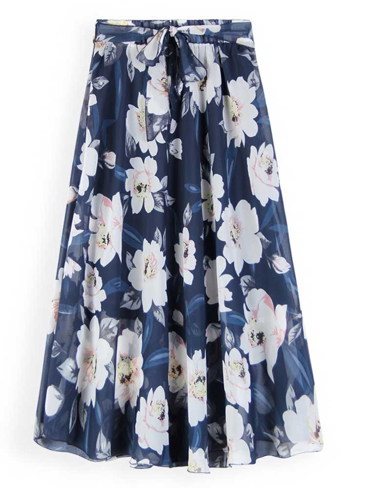 Summer Women Flower Printing High Waist Skirt Chiffon With Belt Ladies Vintage Elegant Skirts Pleated