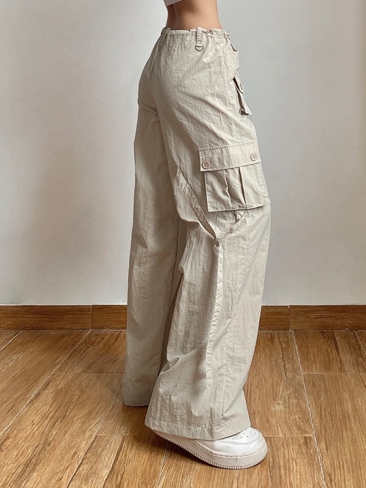Lizakosht Fashion Pocket Patchwork Straight Pants Light Khaki Low Rise Baggy Casual Cargo Pants for Women Harajuku 2000s Jogging Overalls