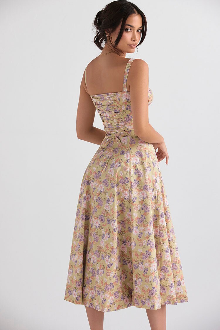 Lizakosht Summer Women'S Dress One Word Neck Suspender Strap Off Shoulder Sleeveless Dress Sexy Open Back Slit Floral Dresses