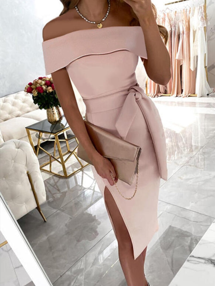 Lizakosht  Summer One Shoulder Slit Bodycon Dress Elegant Pattern Print Lace-up Solid Midi Dress New Office Fashion Casual Commute Dresses