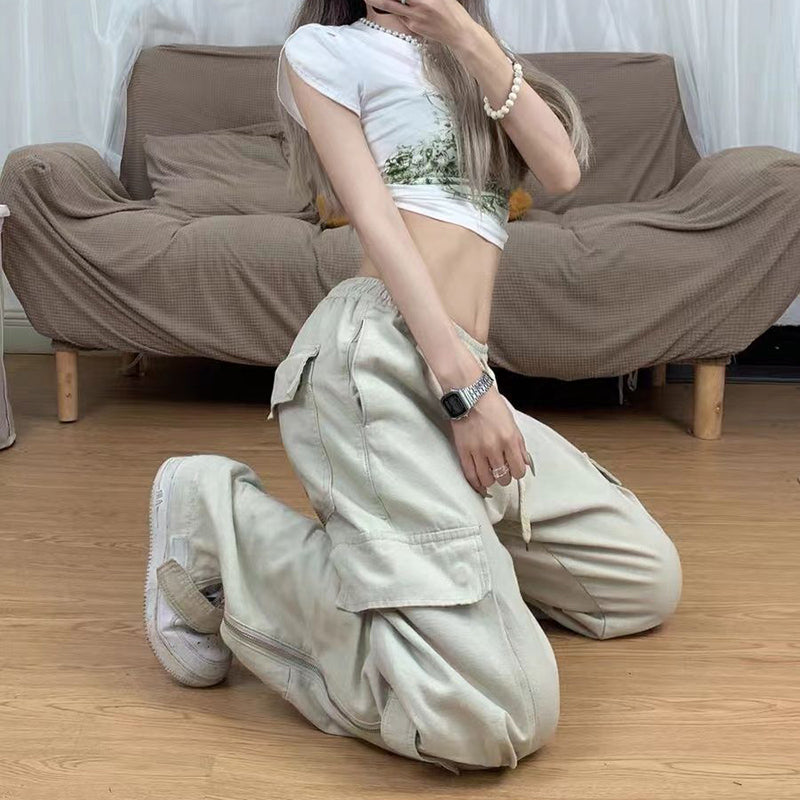 Lizakosht Vintage 90S Women's Cargo Pants Solid Color Streetwear Low Waist Trousers Female Autumn Overalls Baggy Straight Pants