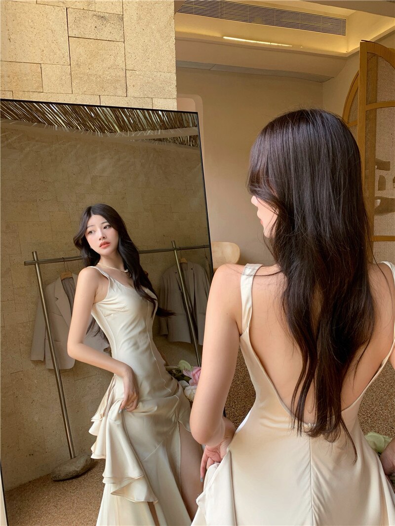 Lizakosht Imitation Acetate Satin Suspender Dress Long Dress Summer Mermaid Tail Large Hem Ruffled Holiday Dress