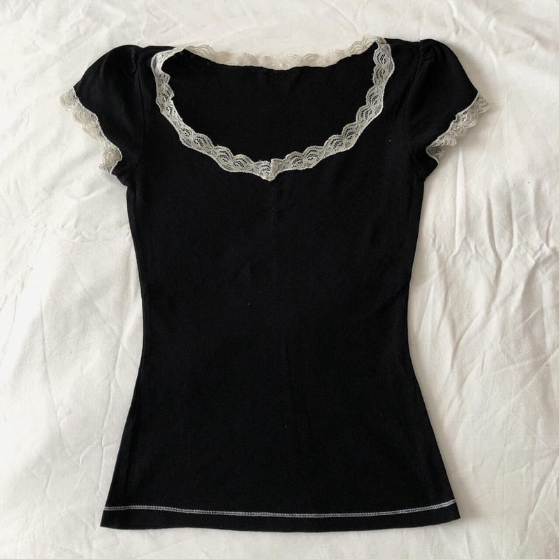 Lizakosht Fairycore Cute Girl Cropped Tops Vintage White Lace Trim T Shirt Summer Short Sleeve Black Milkmaid Tees Korean Y2K Chic Women