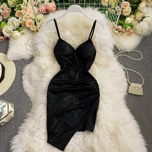 Bronzing Folds Sexy Dress Women Summer V Neck Party Mini Dresses Woman Slim Short Slit Spaghetti Strap Dress Vestidos
