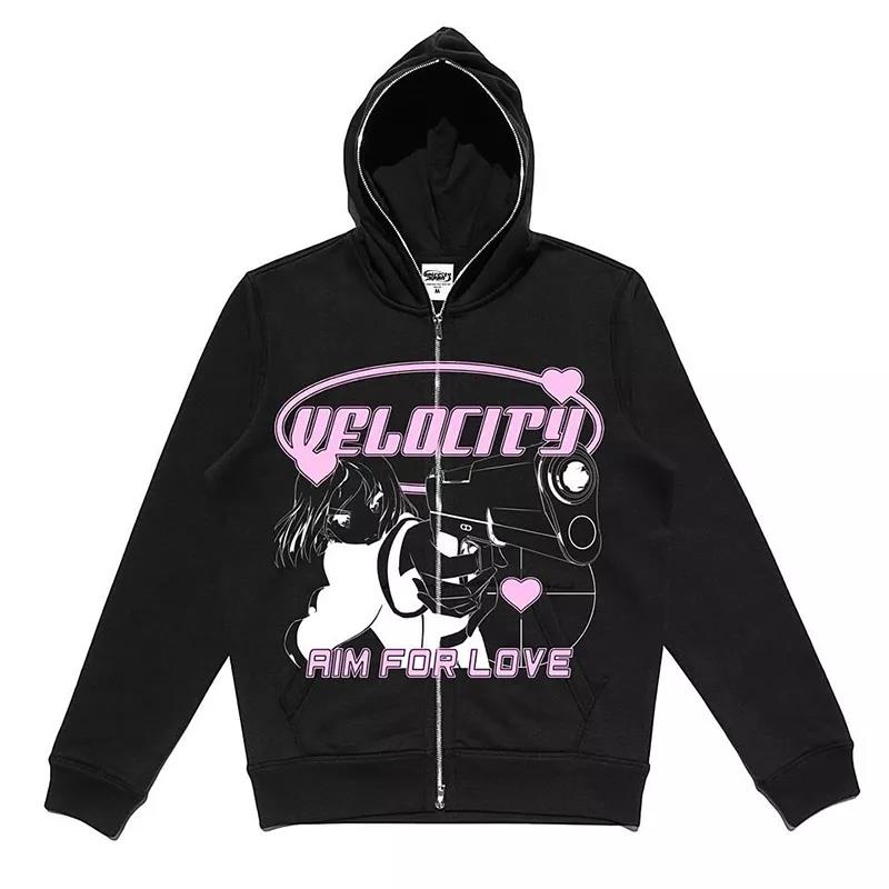 Retro Star Pattern Hoodie women Velvet Sweatshirt Women new autumn winter Double Pocket Loose Long Sleeve hiphop Zipper Jacket