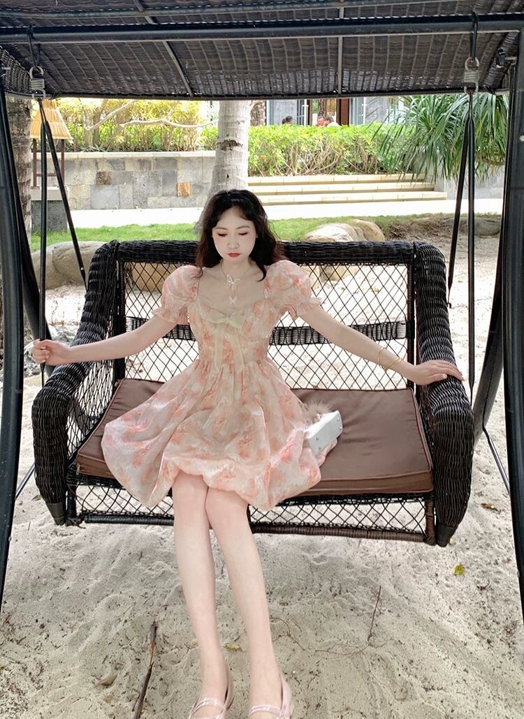 Summer Chiffon Printing Bow Sweet Dress Women Designer Bandage Backless Kawaii Dress Female Korean Glitter Cute Mini Dress 2022