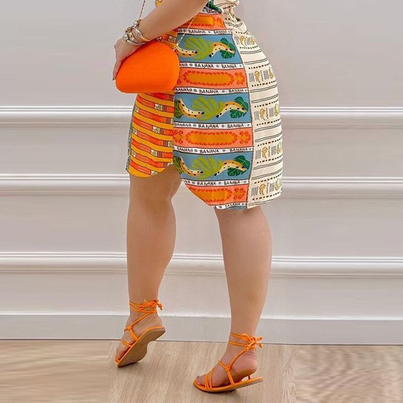 Spring Summer New Irregular Dress Fruit Printed Short Skirt Women's Clothing Mini Dress Half Sleeve High Waist