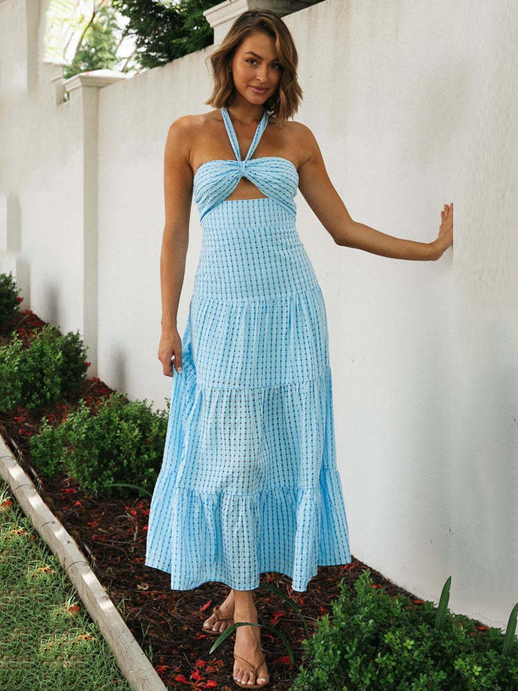Lizakosht  2022 New Fashion Sexy Smock Halter Croset Plaid Hollow Out Summer Dress Women Backless Sundress Swing Long Dresses