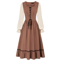 SD Dresses For Women 2022 Vintage Middle Ages Renaissance Contrast Color Dress Long Sleeve Square Neck A-Line Dress