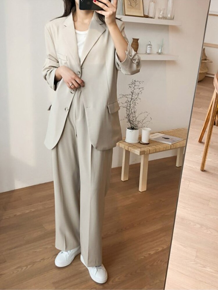 Lizakosht Office Lady Blazer Suits Korean Style Two Piece Set Women Suit Jacket + Wide Leg Pants OL Ensemble Femme 2 Piece Outfits Elegant