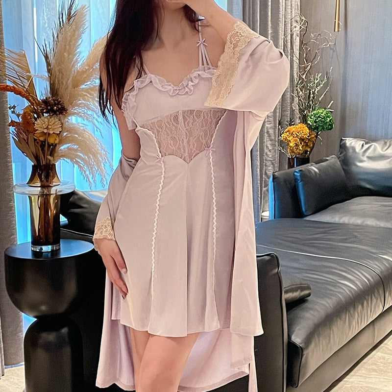 Lizakosht Summer Female Lace Nighty&Robe Set Women Bathrobe Gown Nightgown Suit Lingerie Satin Kimono Sleepwear Home Dress Loungewear