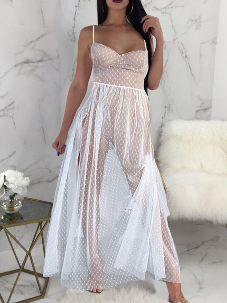 Lizakosht  Summer Sexy Mesh Patchwork See-Through Party Dress Elegant Dot Print Sleeveless Sling Dress Women Fashion Chic Slit Beach Dress