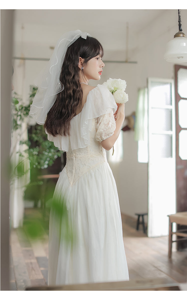Summer Romantic Fairy Dress Woman Chic Vintage Lace Puff Sleeve Ruffles V-Neck Soft Princess Dresses Party Night Vestido Festa