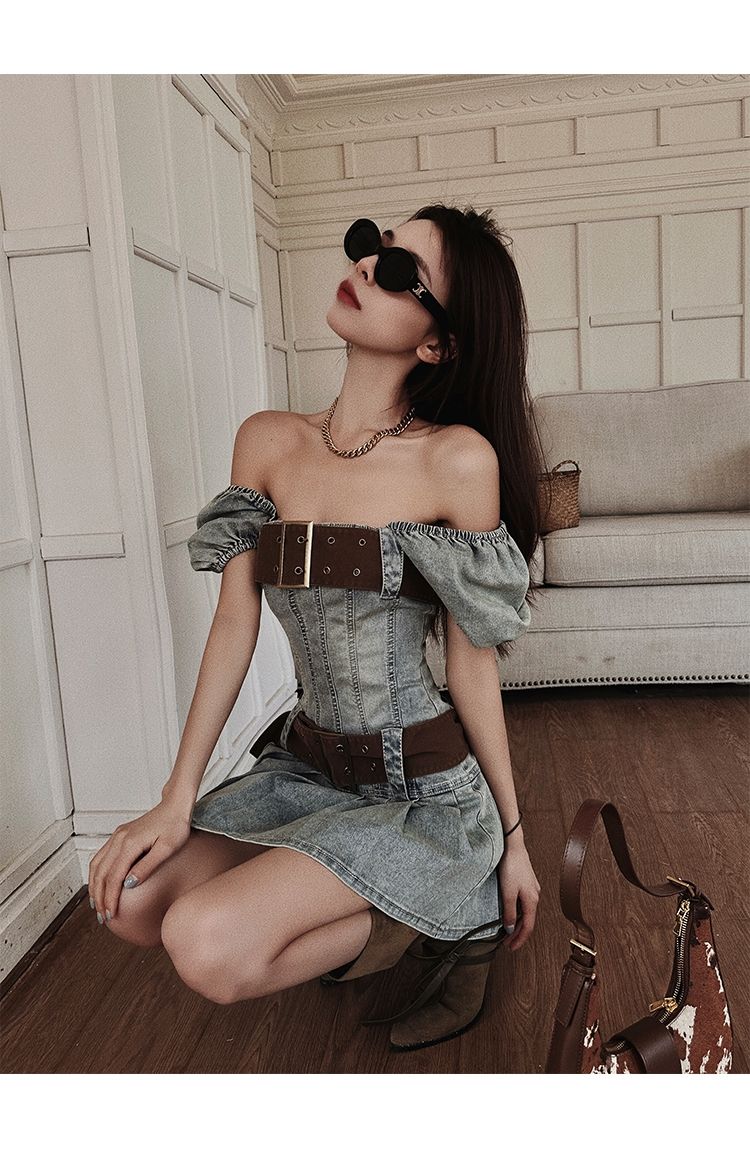 Lizakosht Sexy Y2k Dress Denim Women Streetwear Chic Bodycon Summer Mini Dresses Pleated Square Collar Puff Sleeve Party Robe