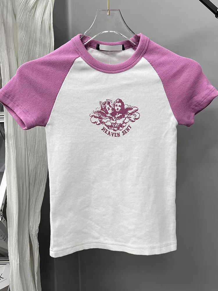 Lizakosht Cartoon Print Ribbed Slim Crop Top Woman Retro Patchwork Short Sleeve Round Neck Soft Cotton Casual Tee  Summer Y2k T-shirt