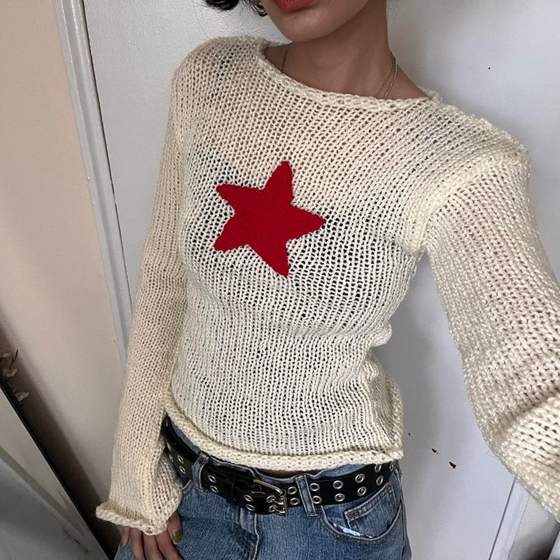 Lizakosht Spring Y2k Sweater Women Cute Star Stitching Knitwear Smock Vintage Long Sleeve Hollow Out Sweaters Lady Jumper Fairycore Retro