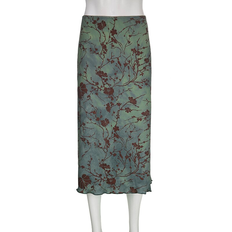 Lizakosht  Vintage Printed Long Skirt Women Y2k Grunge Green Cottagecore Low Waist Slim Straight Midi Skirt Girls 90s Aesthetic