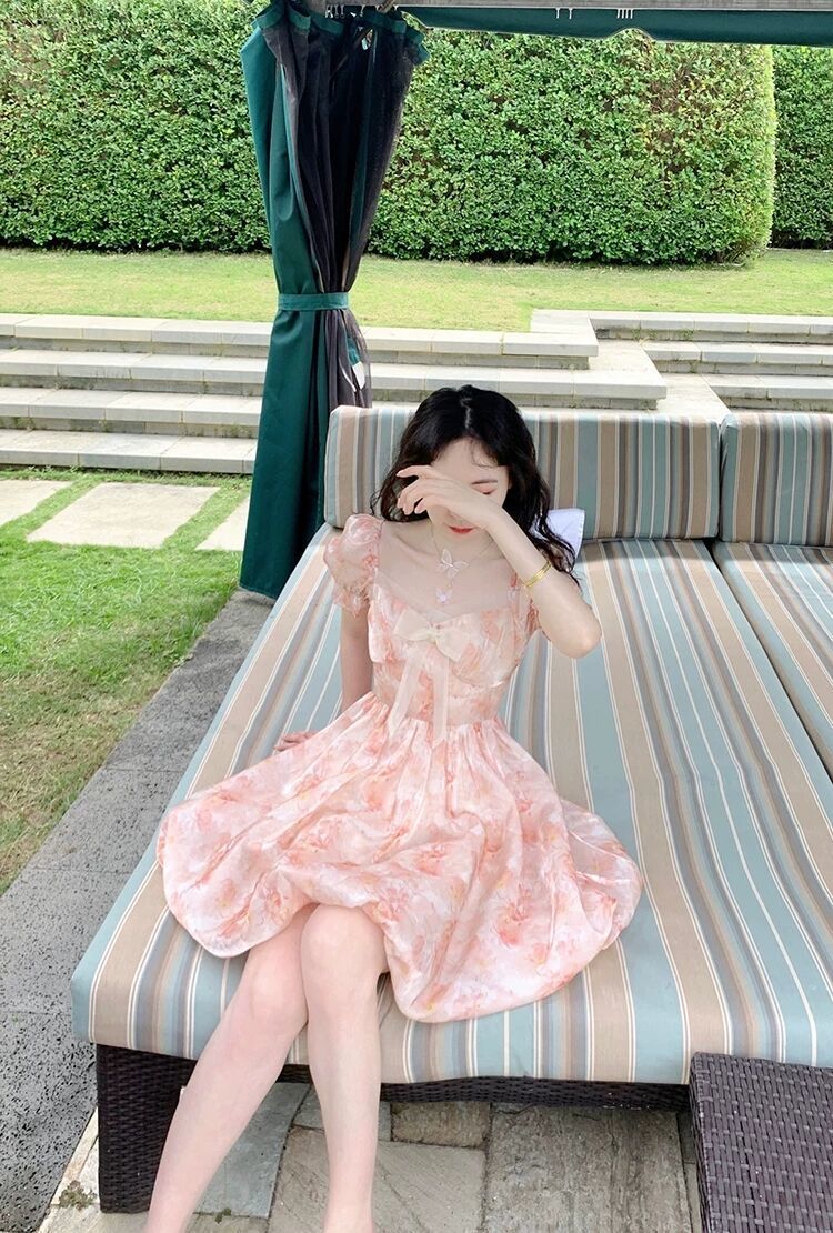 Summer Chiffon Printing Bow Sweet Dress Women Designer Bandage Backless Kawaii Dress Female Korean Glitter Cute Mini Dress 2022