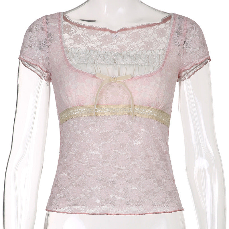 Lizakosht Women's T-Shirt Sweet Girly Pink Lace Splicing Pullover Short Top French Square Neck Tie Slim Fit