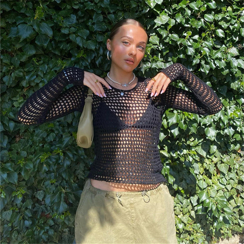 Lizakosht  Hollow Out Women Knitted T Shirts Y2K Crop Top Summer Beach Cover Up Fashion Casual Crppped Tops Tees Woman Clothes 2022
