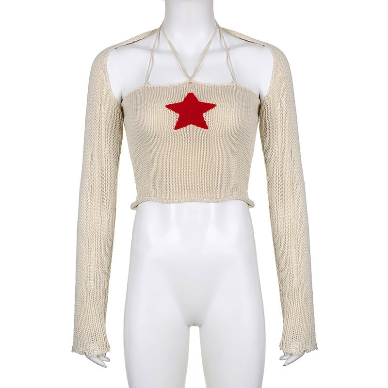 Lizakosht Spring Y2k Sweater Women Cute Star Stitching Knitwear Smock Vintage Long Sleeve Hollow Out Sweaters Lady Jumper Fairycore Retro