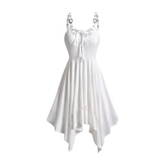 Lizakosht New Asymmetrical Hem Dress Lace Panel Empire Waist Lace Up Grommet Adjustable Strap Midi Dress