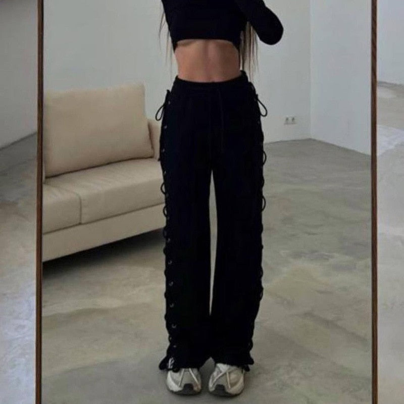 Lizakosht Women Summer Casual Baggy Pants Solid Color Drawstring Waist Side Hollow Bandage Wide Leg Pants y2k Harajuku Joggers