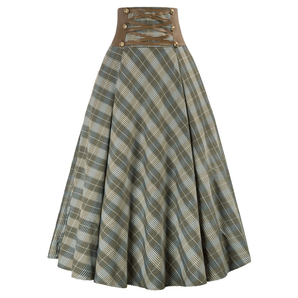 SD Womens Plaid Skirts Vintage Renaissance Corset Waisted Skirt High Waist Buttons Elegant Beach Harajuku Long A-Line Skirt