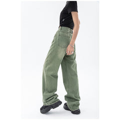 Vintage Green Women's Jeans Fashion Trousers Streetwear High Waist Wide Leg Summer Y2K Baggy Casual Straight Mom Denim Pants