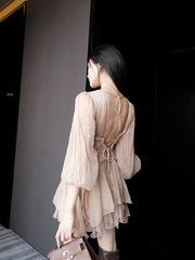 Lizakosht Elegant Ruffle Midi Dress Women Chic Long Sleeve V-Neck Pleated Fairy Dresses French Party Dress