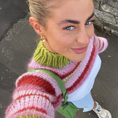 Lizakosht Women Knitted Shrug Sweater Y2K Vintage Striped Loose Long Sleeves Pullover Crop Tops 00s Retro Smock T-shirt Streetwear