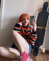 Lizakosht Autumn Women Knitted Sweater Y2K Rainbow Striped Sweater Embroidery Letter Knitwear Pullover Tops Loose oversized sweater jumper