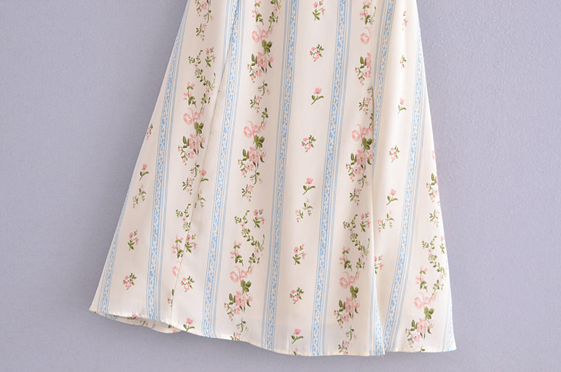 Lizakosht  Spring Summer French Style Print Midi Dress Lace Up Strapy Beige Floral Vintage Slip Dress Boho Women New Sundress Sleeveless