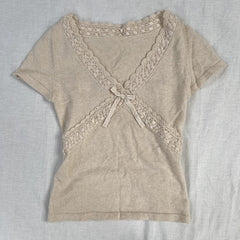 Lizakosht Fairy Grunge Lace Trim Cropped Tops 00s Vintage Aesthetics Cute Bow V Neck Short Sleeve Tees Y2K Retro T Shirt Summer Clothes