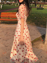 Vintage Elegant Point Lace Korean Party Dresses Lady Short Sleeve Dress for Women Female A-Line High Waist Vestidos 2022
