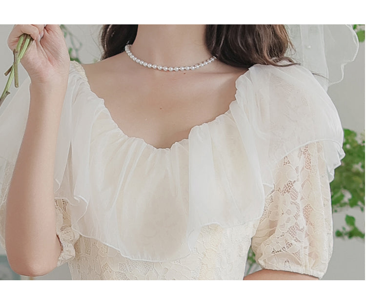 Summer Romantic Fairy Dress Woman Chic Vintage Lace Puff Sleeve Ruffles V-Neck Soft Princess Dresses Party Night Vestido Festa
