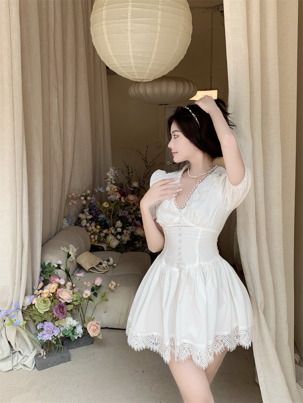 V-neck Lace Princess Dress Sexy Women's Summer Mini Dress 2022 Black High Waist  Slim Puffy Short Sleeve Party Dress Robe Femme