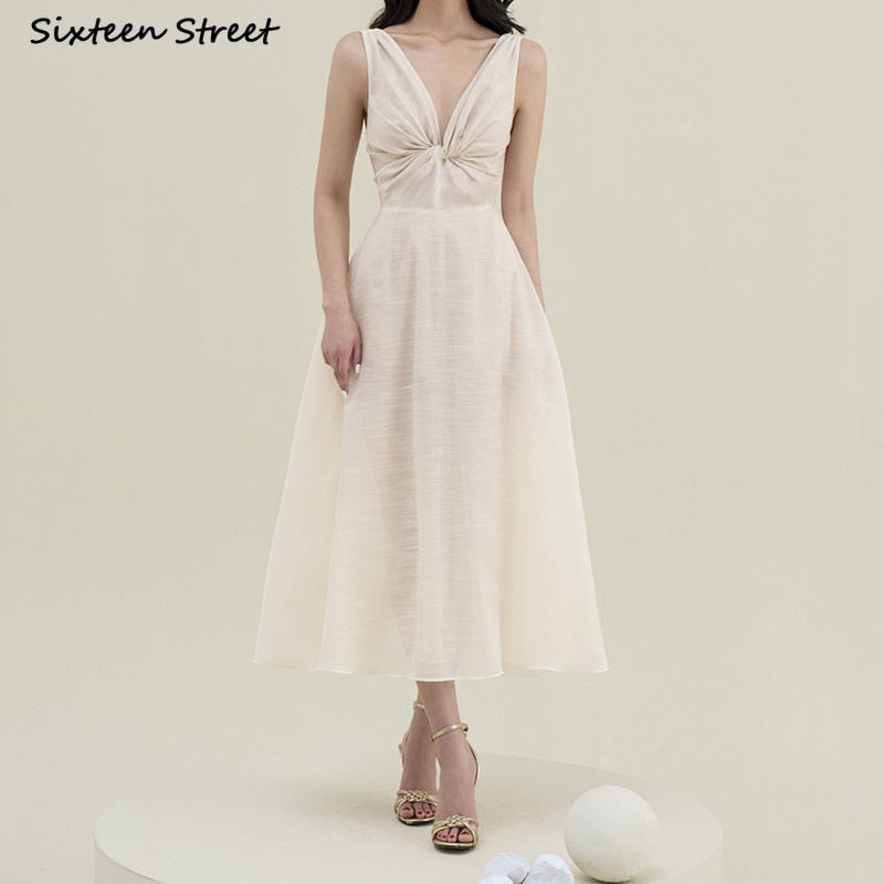 Lizakosht Black Sleeveless Dress Women Clothing 2023 V Neck Elegant High Waist Summer Dresses Bodycon Vintage Runway Vestido Apricot