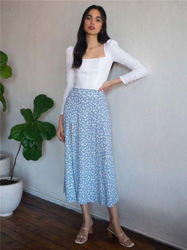 Tossy High Waist Split Out Floral Mid Skirt Women Sexy Vintage Boho A-line Skirts Slim Party Streetwear 2022 Holiday Beachwear