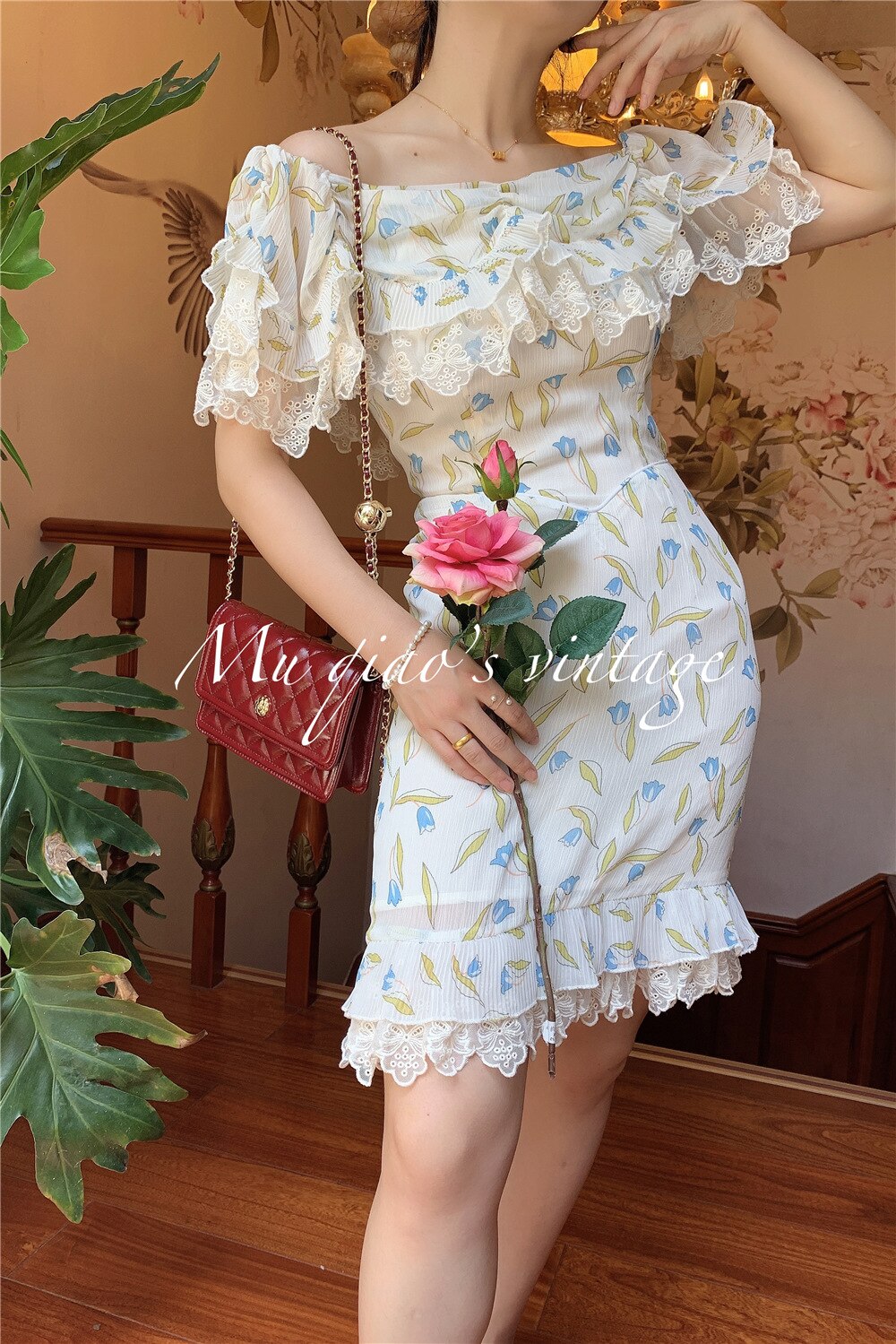 Lizakosht Dress For Women Vintage Elegant Slim Sexy Lace Slash Neck Floral Print Mini Dress Korean Fashion Summer Chiffon Bodycon Dress