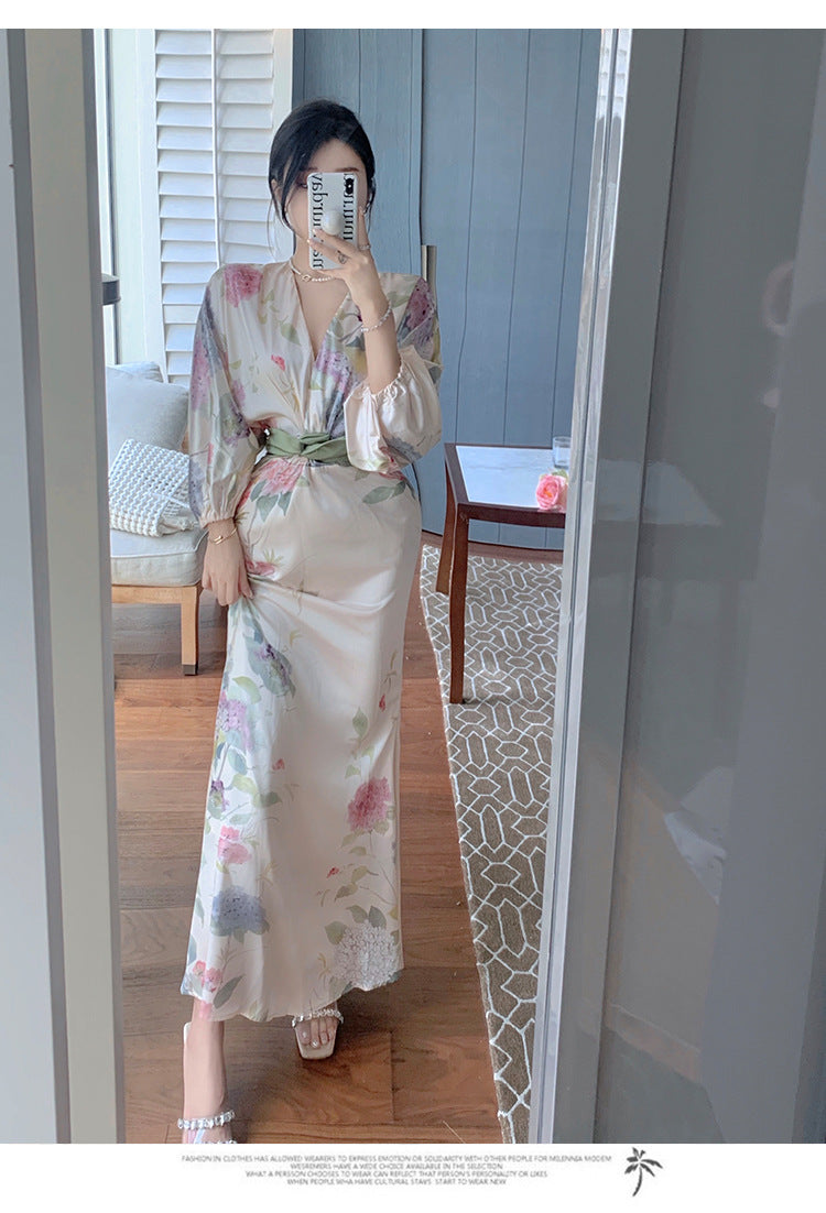 Hstar Oriental Classical Beauty Temperament Retro Ink Printing V-neck Women 2022 Summer Slim Long Elegant Dress robe traf boho