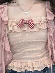 Summer Lolita Kawaii Tank Tops Women Korean Style Bowknot Patchwork Ruffle Flounce Top Female Elastic Skinny Sweet Top 2022 New
