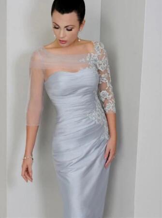 Silver Grey Mother of the Bride Dress 3/4 Long Sleeve Lace Tulle Satin Pleated Wedding Party Gown Evening Formal dress