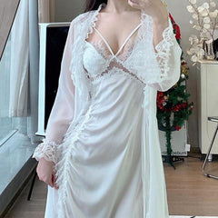 Lizakosht Bride White Bathrobe Gown Sleep Suit Summer Women 2PCS Robe Set Nightdress Lingerie Lace Satin Sleepwear Kimono Loungewear