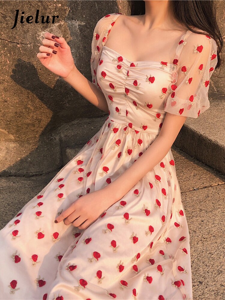 Vintage Elegant Point Lace Korean Party Dresses Lady Short Sleeve Dress for Women Female A-Line High Waist Vestidos 2022