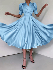 Lizakosht  Elegant Solid Turn-Down Puff Short Sleeve Dress Lady High Waist Split A-Line Party Dress Fashion Summer Pleated Satin Slim Dress