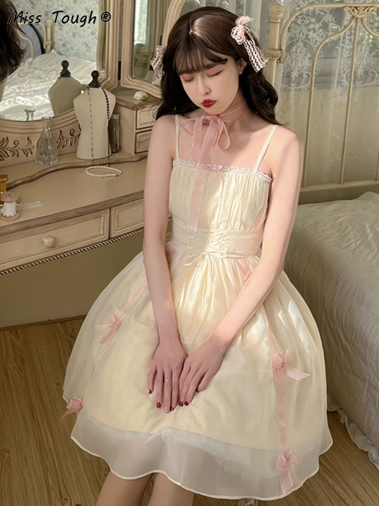 Vintage Elegant Evening Party Midi Dress Women Bow France Kawaii Princess Strap Dress Female Retro Sweet Fairy Dress Summer 2022