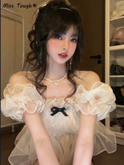 Summer Chiffon Bow Sweet Blouses Women Designer Puff Sleeve Princess Blouses Female Korean Fashion Lace Fit Party Blouse 2022