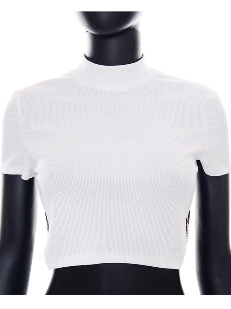 Lizakosht White T Shirts For Women Sexy Tops Asymmetrical Backless Y2k Aesthetic Clothes Short Sleeves E Girl Streetwear Tees With Chain